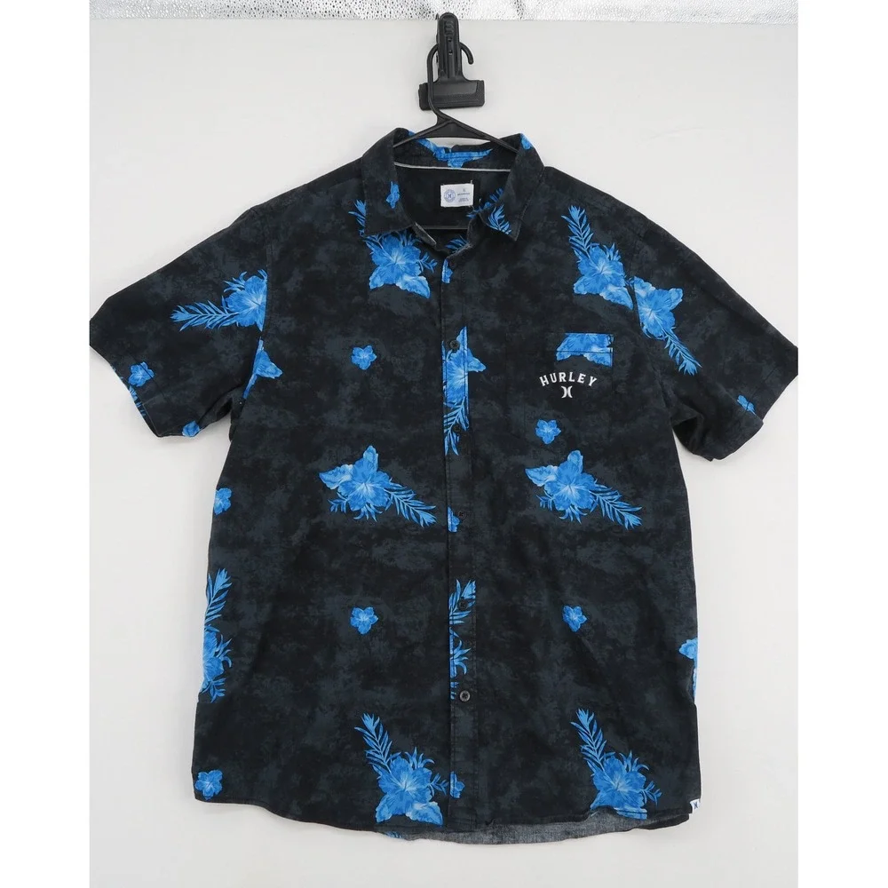 Hurley Mens XL Short Sleeve Button Up  Shirt Blue Hibiscus‎ Floral